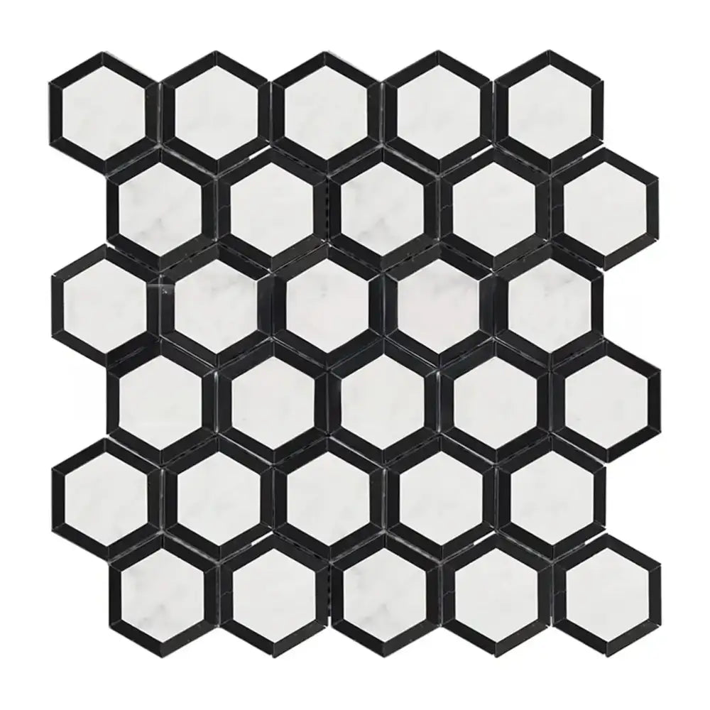 Hexagonal black and white tile mosaic from Oriental White Aurora Vortex collection