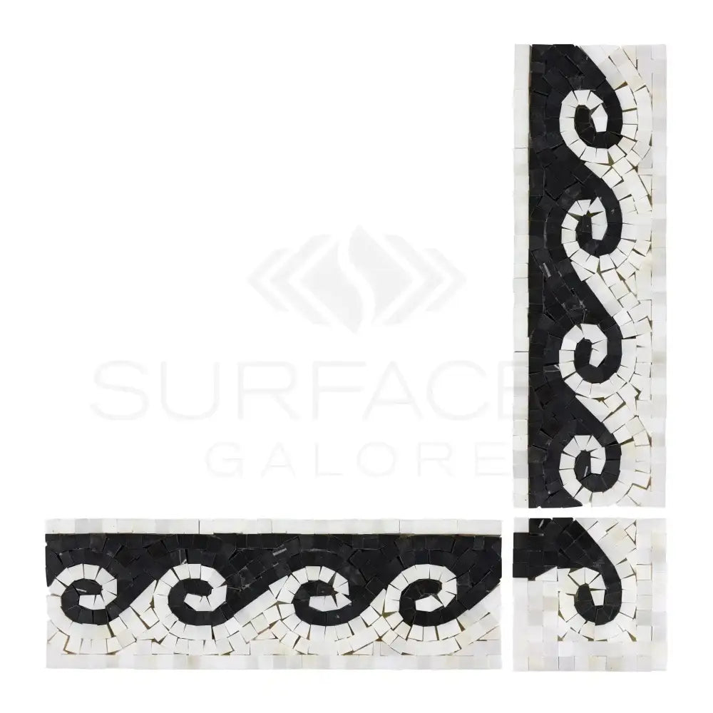Oriental White Aurora / Asian Statuary Wave Border CORNER/Black-American Stone