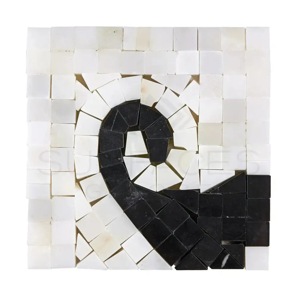 Black and white mosaic tile design from Oriental White Aurora Asian Statuary Wave Border Corner