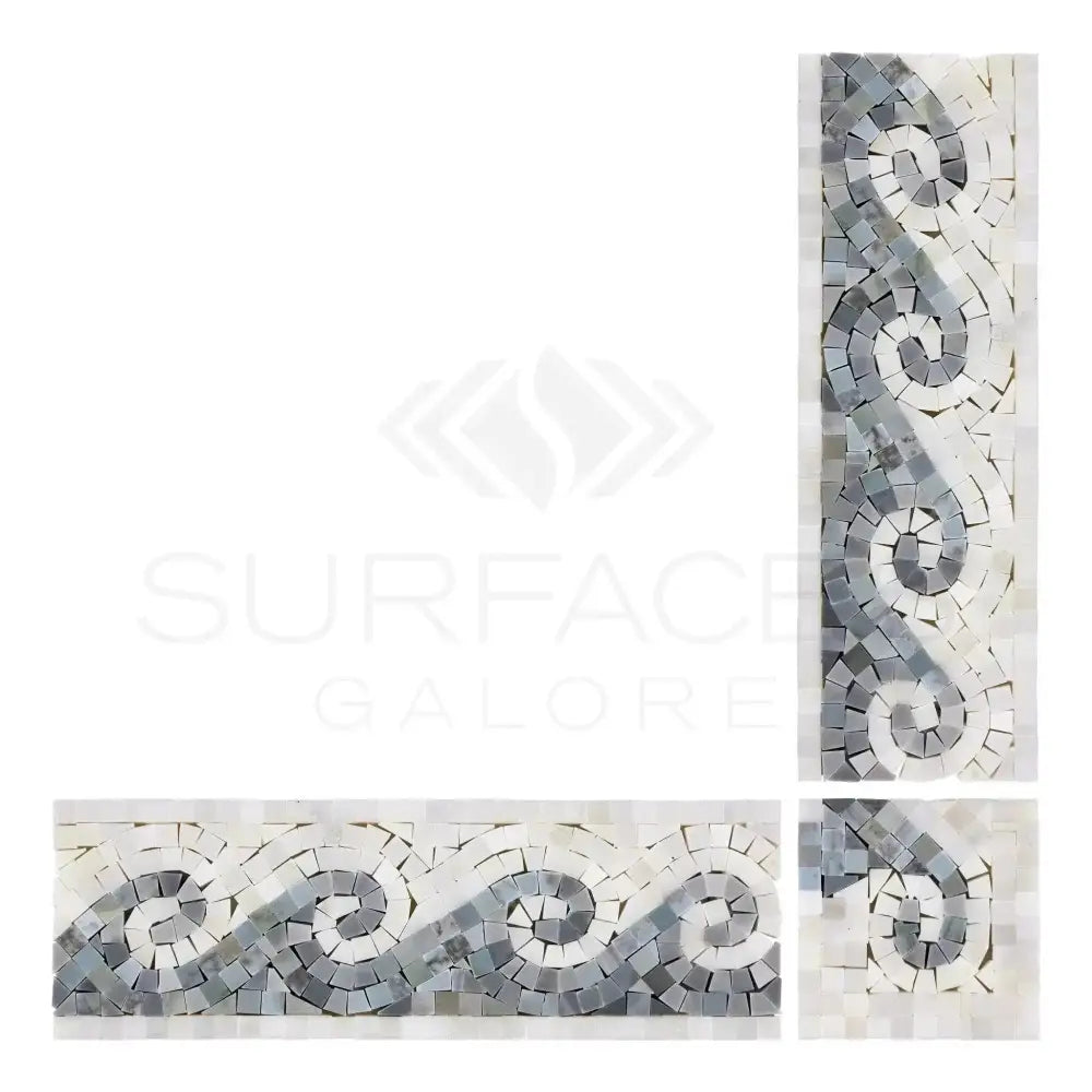 Mosaic tile border from Oriental White Aurora Asian Statuary Wave Corner in Blue-Gray finish