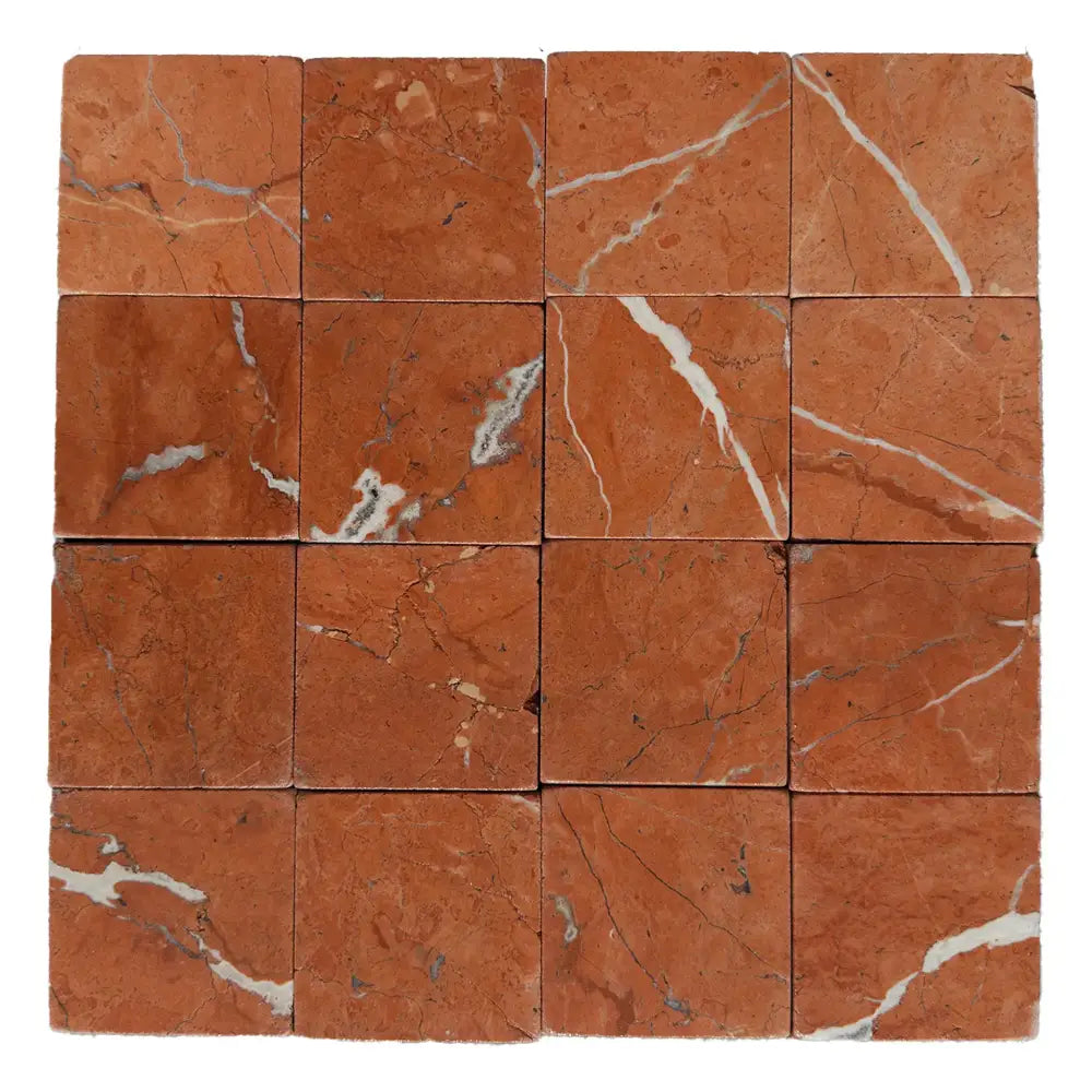 Red marble tile mosaic from Rojo Alicante Select 3X3 Tumbled collection