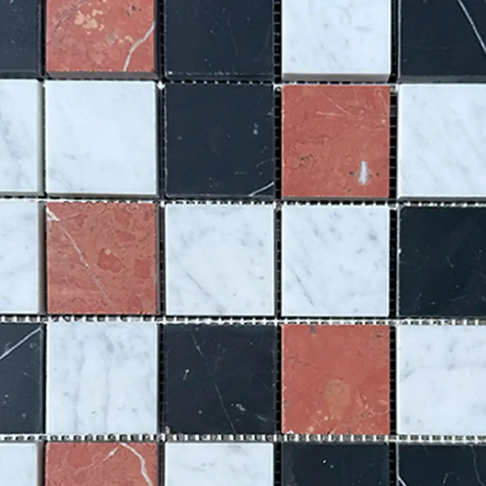 Mosaic tile pattern from Rojo Alicante Select Carrara White Royale and Nero Marquina