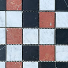 Mosaic tile pattern from Rojo Alicante Select Carrara White Royale and Nero Marquina