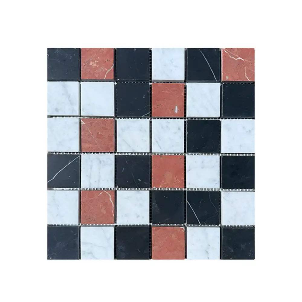 Square mosaic tile pattern with Rojo Alicante Select, Carrara White, and Nero Marquina tiles
