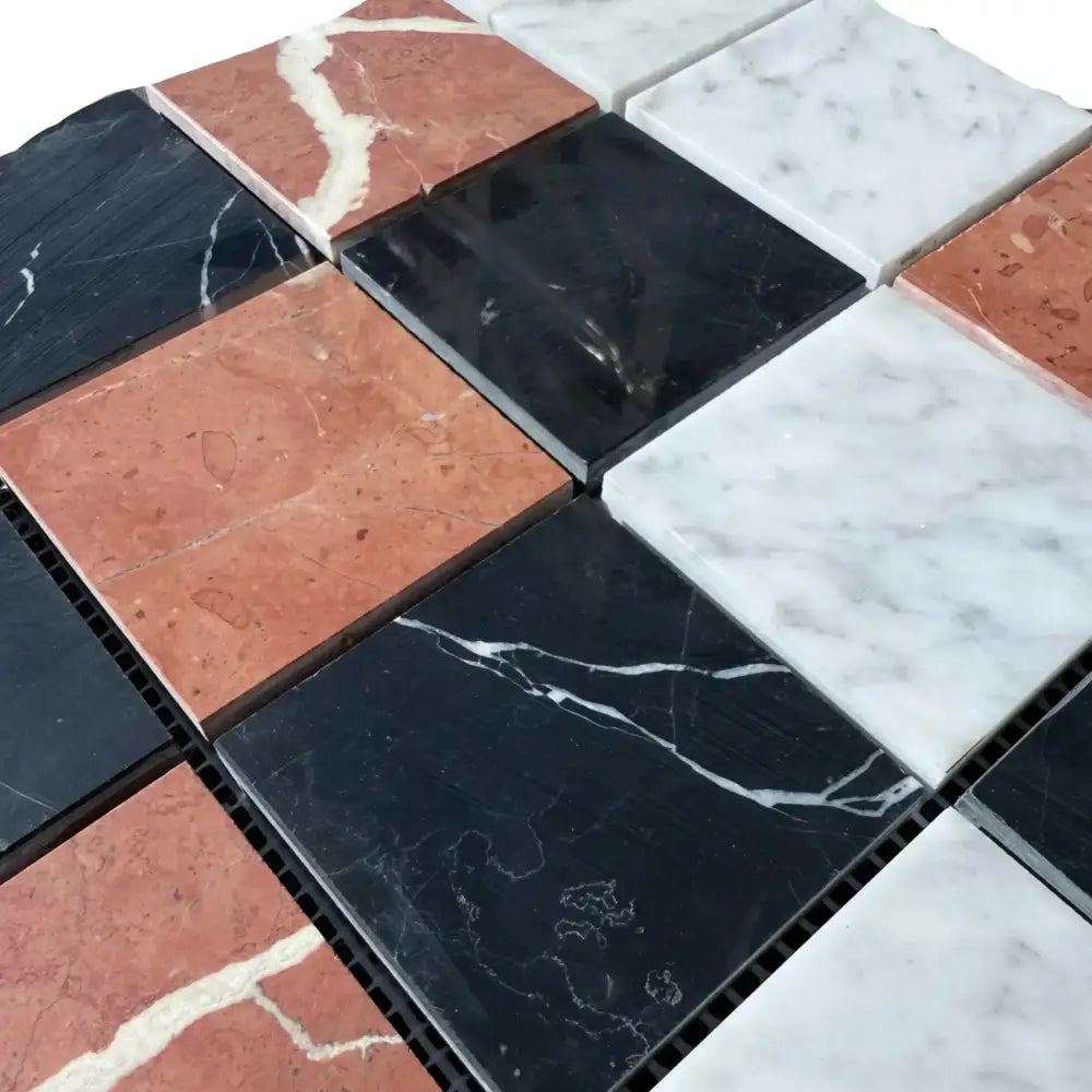 Square marble mosaic tiles in Rojo Alicante Select Carrara White Royale and Nero Marquina