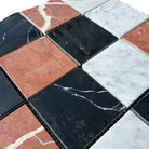 Square marble mosaic tiles in Rojo Alicante Select Carrara White Royale and Nero Marquina