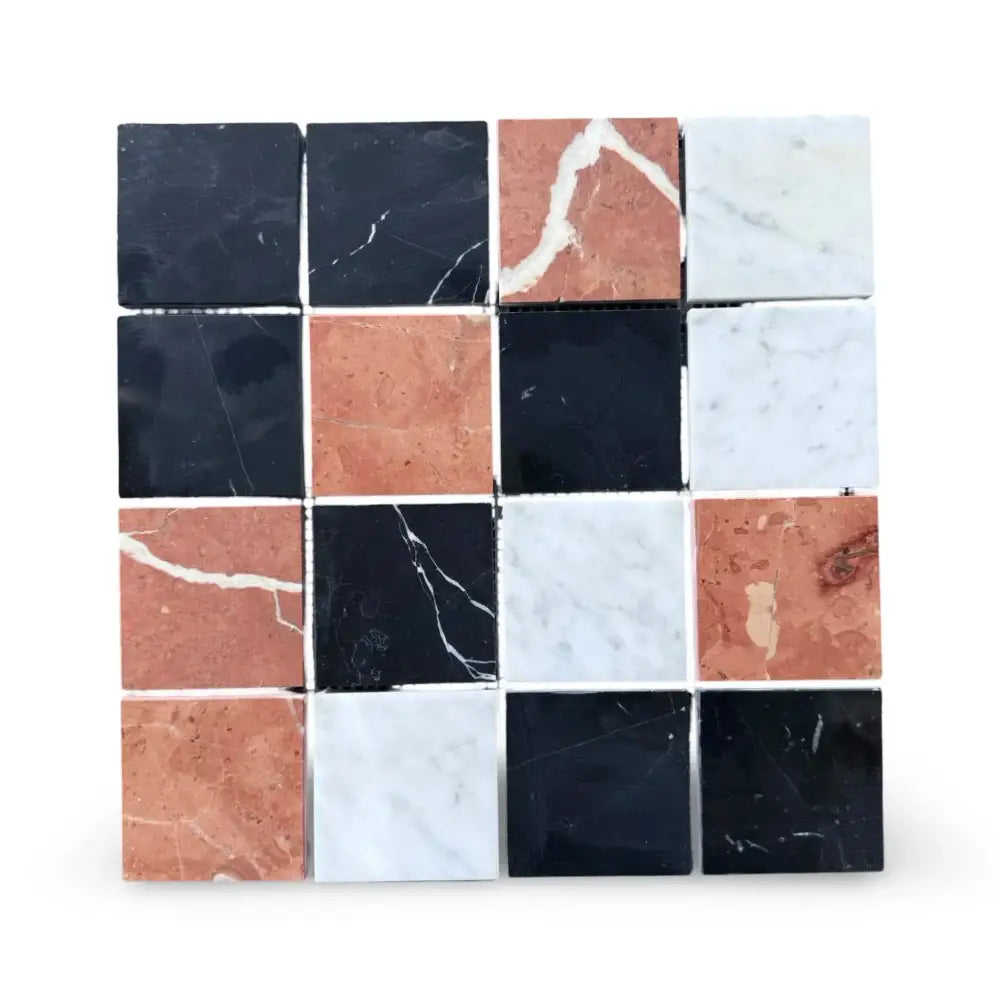 Square marble tile mosaic featuring Rojo Alicante, Carrara White, Royale White, and Nero Marquina