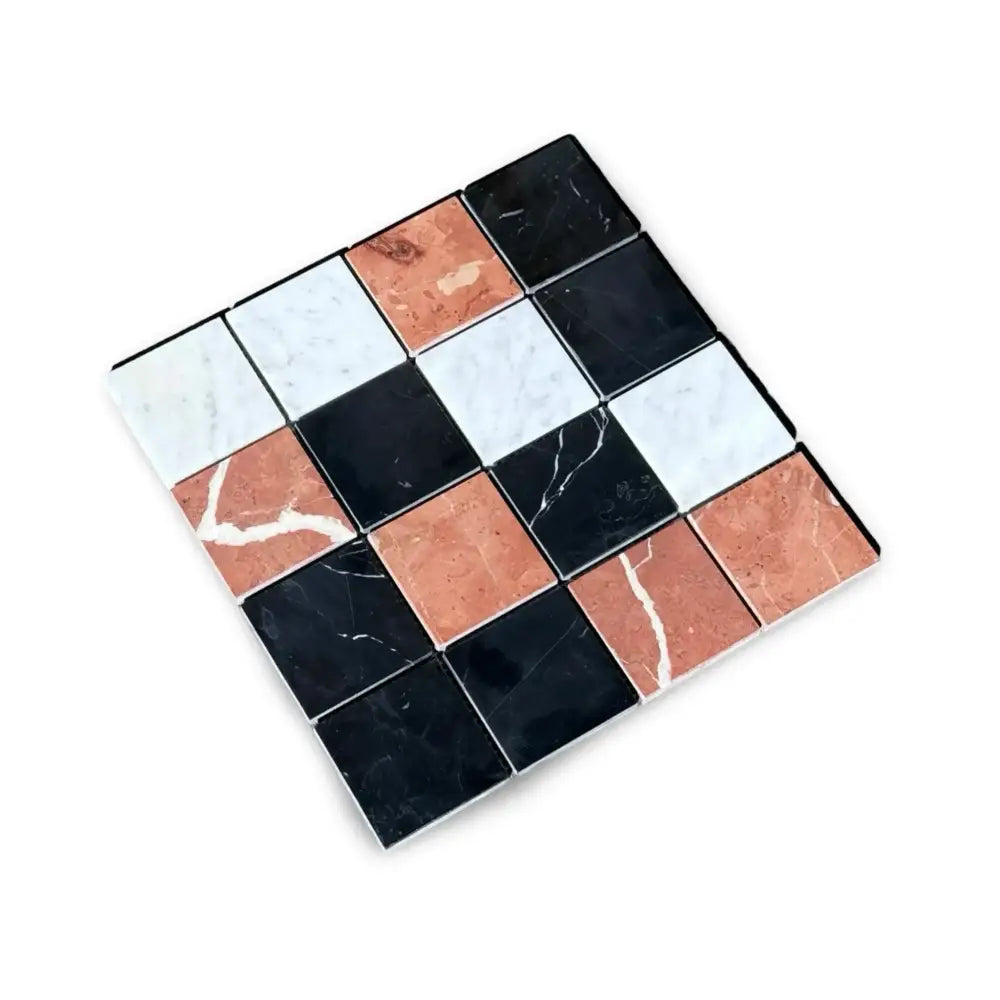 Checkerboard marble tile mosaic featuring Rojo Alicante, Carrara White, Royale White, and Nero Marquina