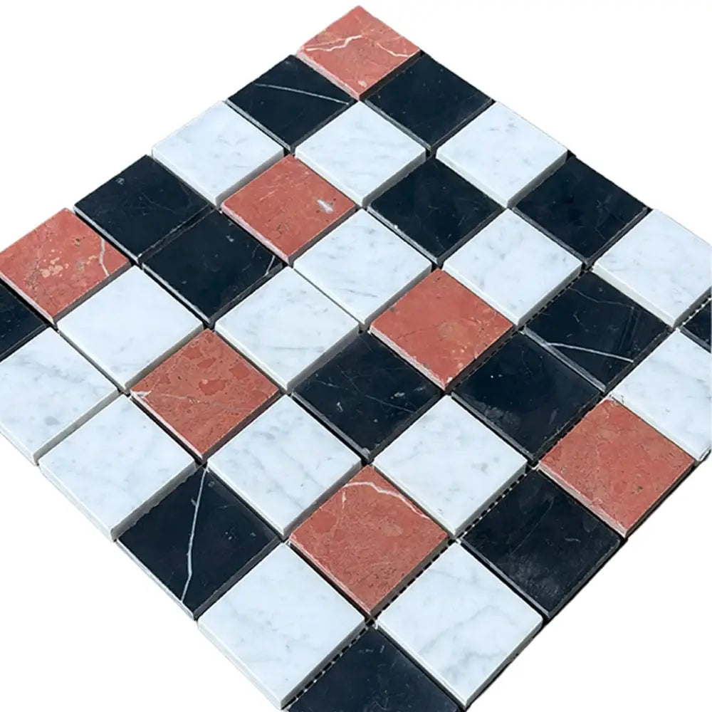 Mosaic tile pattern featuring Rojo Alicante, Carrara White, Royale White, and Nero Marquina