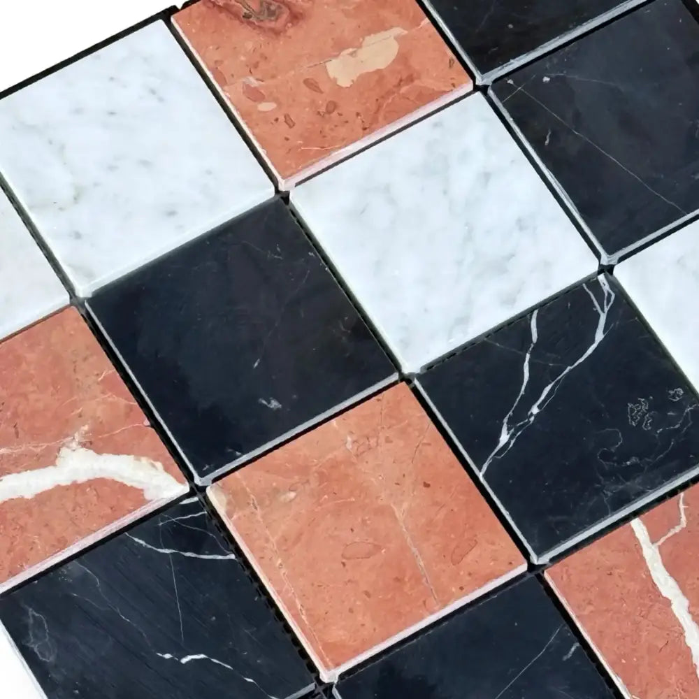 Checkerboard marble tile pattern with Rojo Alicante Select, Carrara White, Royale White, and Nero Marquina Prestige 3X3 Mosaic