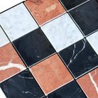 Checkerboard marble tile pattern with Rojo Alicante Select, Carrara White, Royale White, and Nero Marquina Prestige 3X3 Mosaic