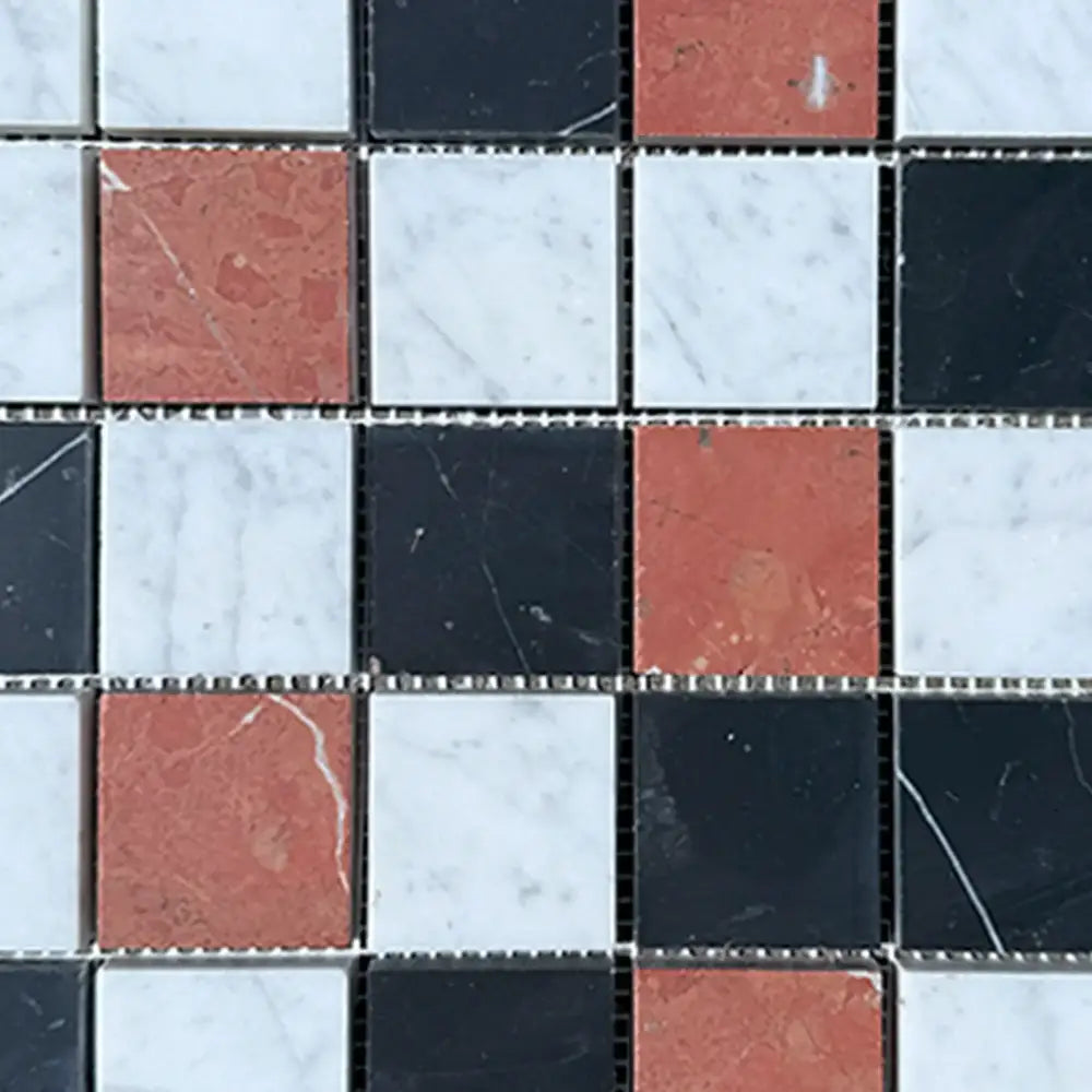 Mosaic tile pattern featuring Rojo Alicante, Carrara White, Royale White, and Nero Marquina
