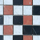 Mosaic tile pattern featuring Rojo Alicante, Carrara White, Royale White, and Nero Marquina