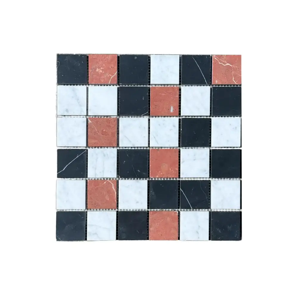 Checkerboard mosaic tile in Rojo Alicante, Carrara White, Royale White, and Nero Marquina