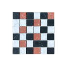 Checkerboard mosaic tile in Rojo Alicante, Carrara White, Royale White, and Nero Marquina