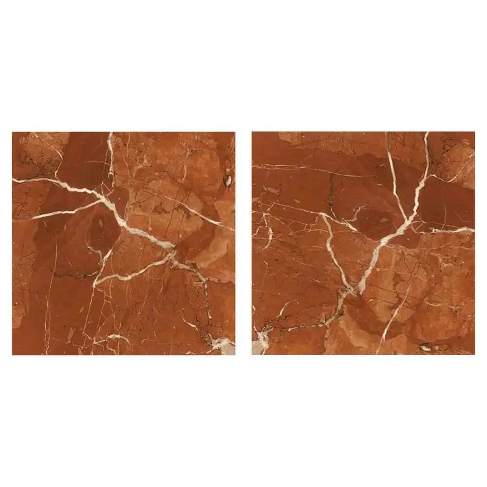 Two red Rojo Alicante Select Marble tiles with white veining in 12x12 honed-polished finish