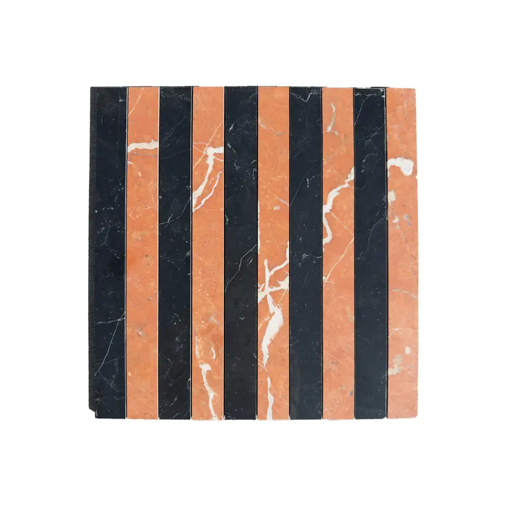 Striped marble tile displaying Rojo Alicante Select and Nero Marquina Prestige Marble mosaic