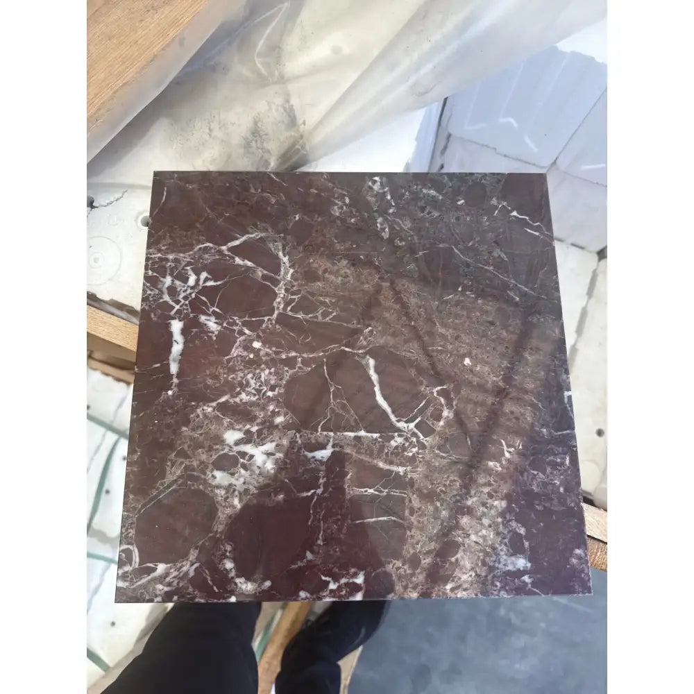 Square Rosso Levanto Marble tile with white veining and polished finish