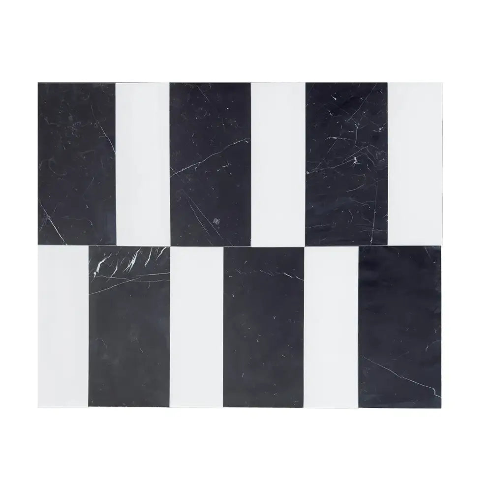 Black and white striped tile pattern from Siena in Bianco Dolomite and Nero Marquina set