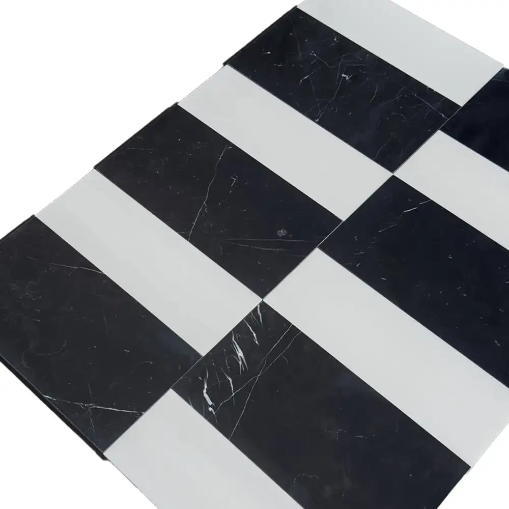 Black and white herringbone tile pattern from Siena in Bianco Dolomite and Nero Marquina set