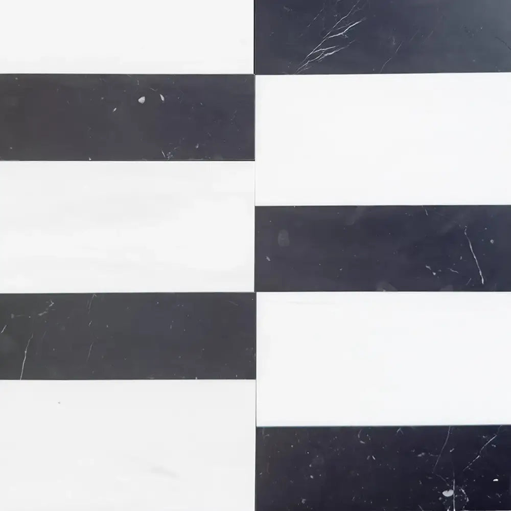 Black and white striped tiles from Siena in Bianco Dolomite and Nero Marquina set