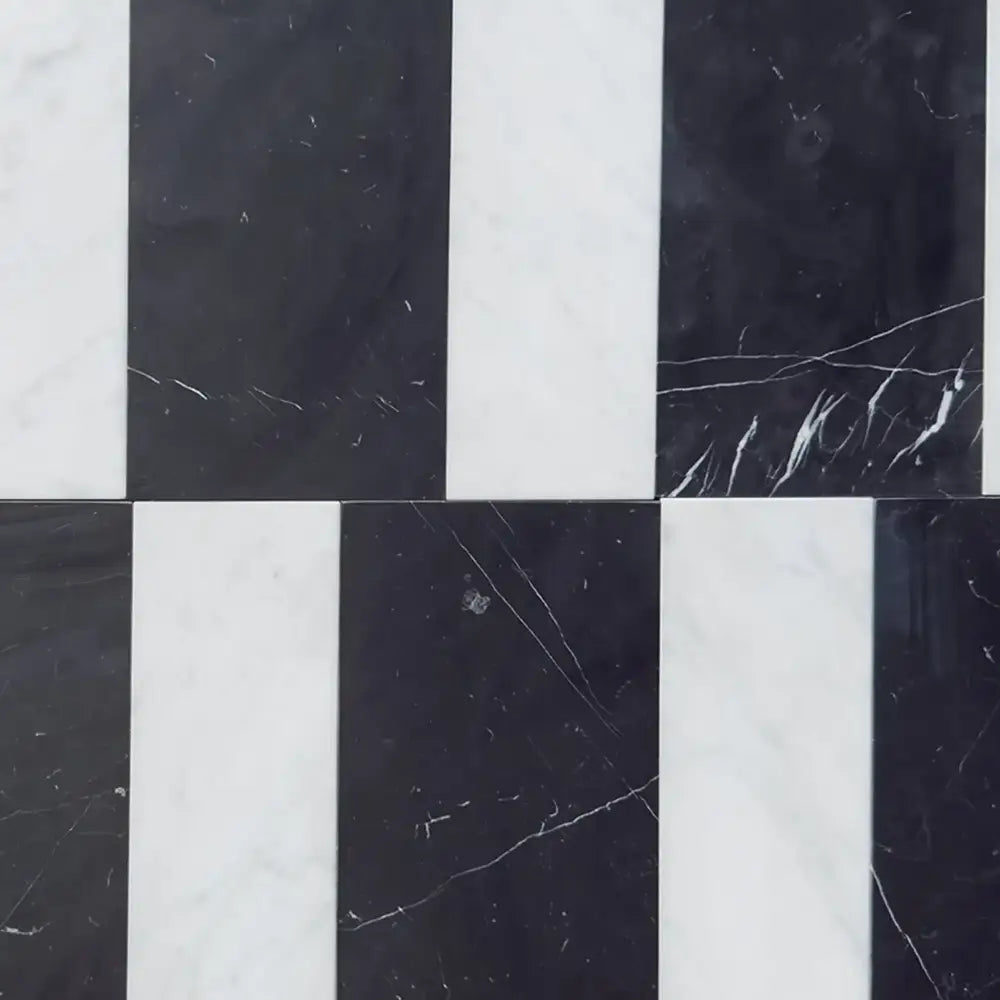 Black and white marble tile pattern from Siena Carrara White Royale and Nero Marquina Prestige set