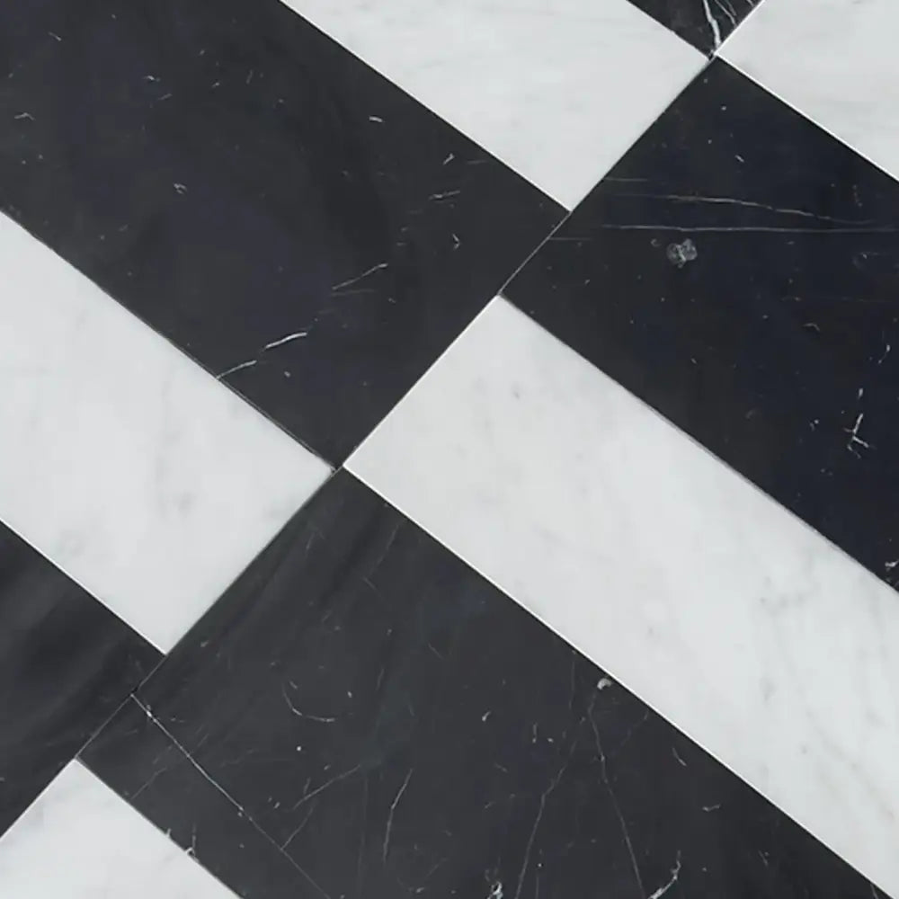 Black and white marble tile pattern from Siena Carrara White Royale and Nero Marquina Prestige set