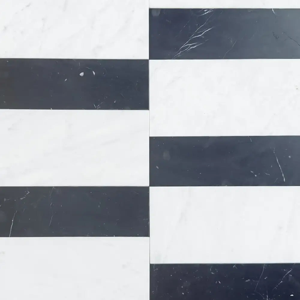 Black and white striped marble tiles from Siena Carrara White Royale and Nero Marquina Prestige set
