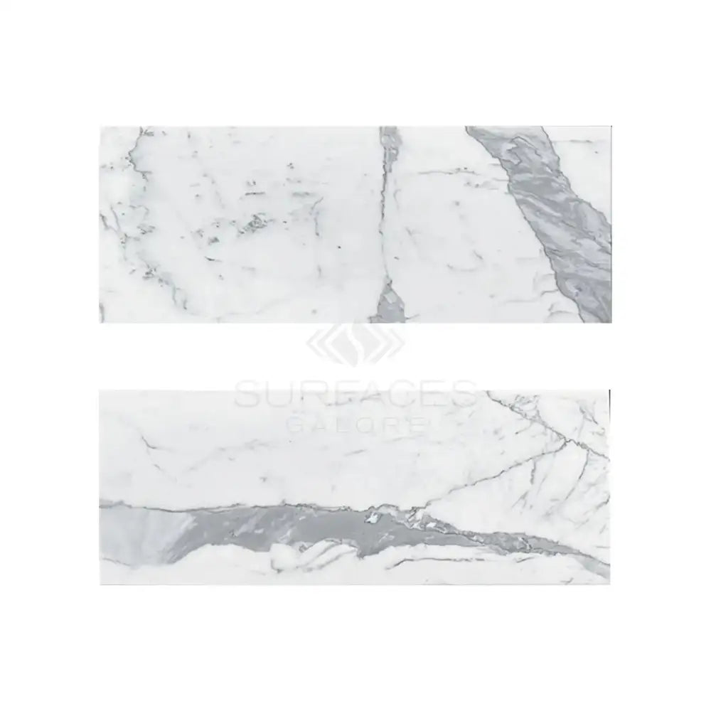 Two polished Statuario White 4X12 Italian marble slabs for elegant flooring or countertops