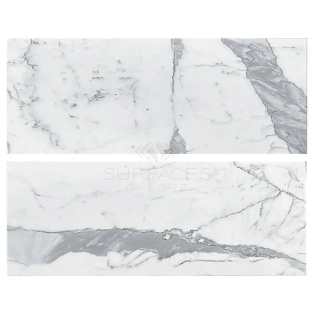 Two white Statuario White marble slabs with gray veining for luxury countertops