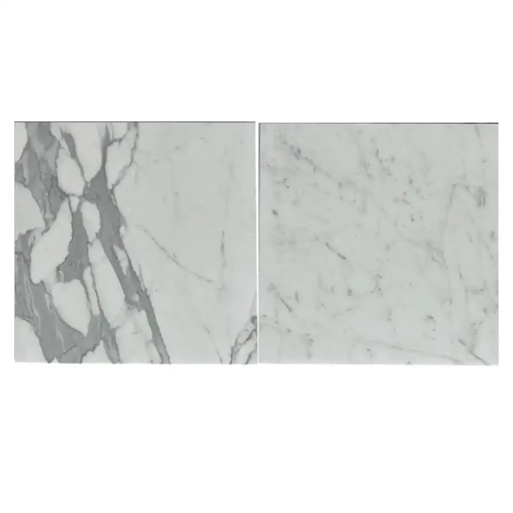 Two polished Statuary White Italian marble tiles showcasing elegant veining