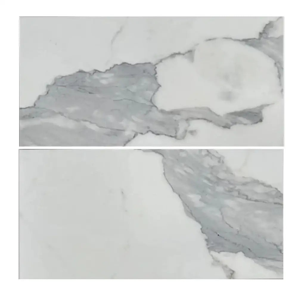 Two marble-patterned tiles from Statuary Statuario White 4X12 Italian Marble collection