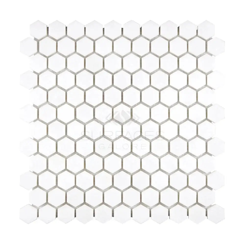White hexagonal tile mosaic from Thassos Supreme 1 Inch Hexagon Marble collection