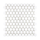 White hexagonal tile mosaic from Thassos Supreme 1 Inch Hexagon Marble collection
