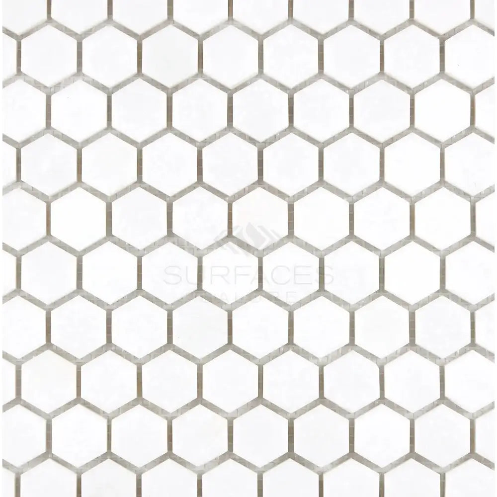 White hexagon tile pattern from Thassos Supreme 1’’ Hexagon Mosaic Marble polished or honed