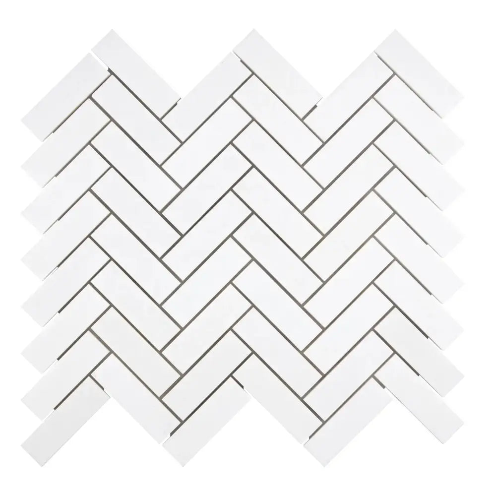 White herringbone tile pattern in Thassos Supreme 1X3 Herringbone Mosaic Marble