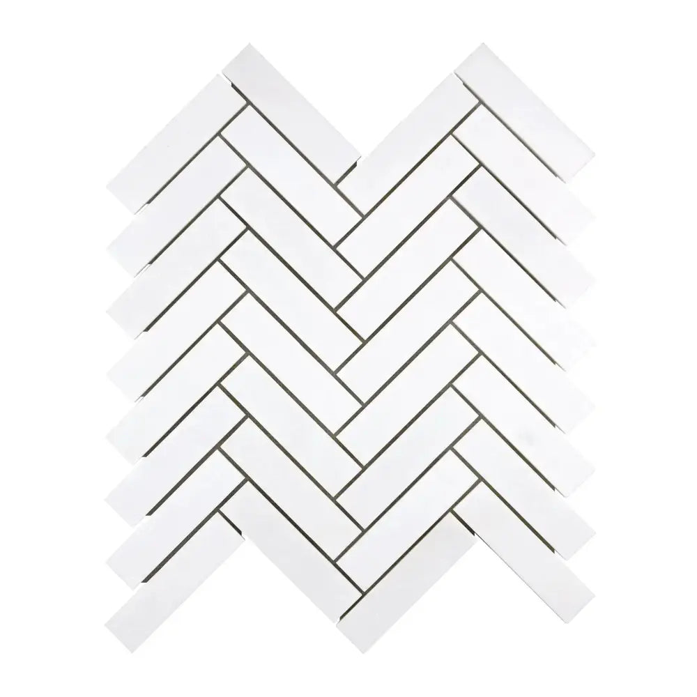 White Thassos marble herringbone mosaic tile pattern for elegant flooring or backsplash