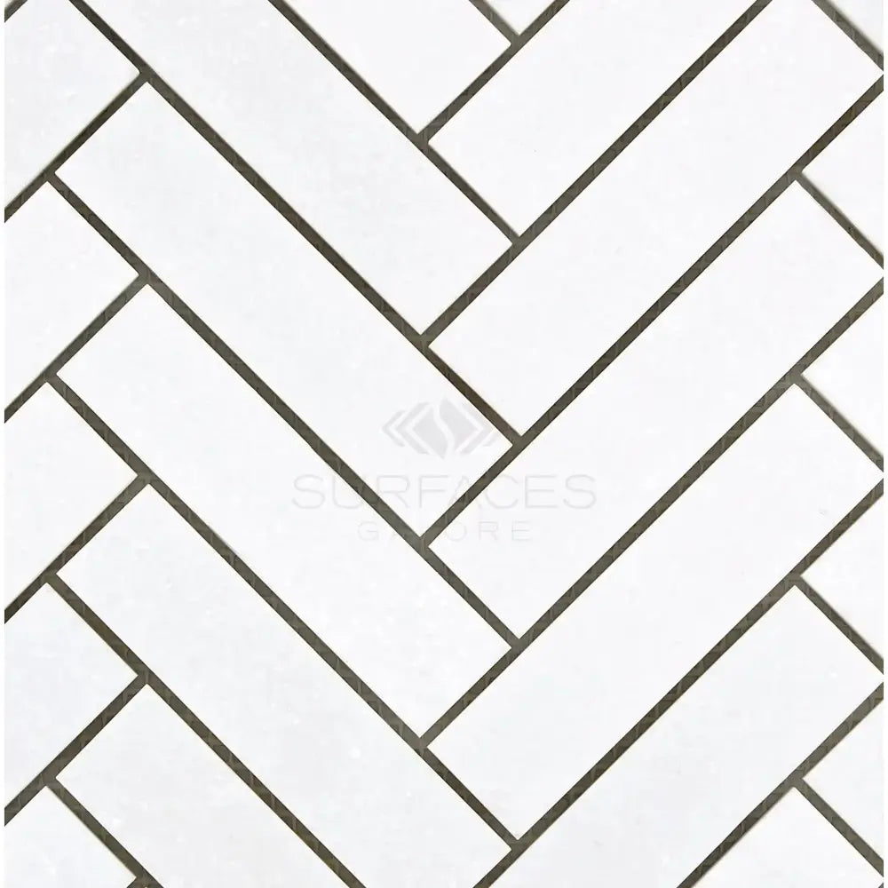 White Herringbone Tile Pattern in Thassos Supreme 1X4 Marble Mosaic