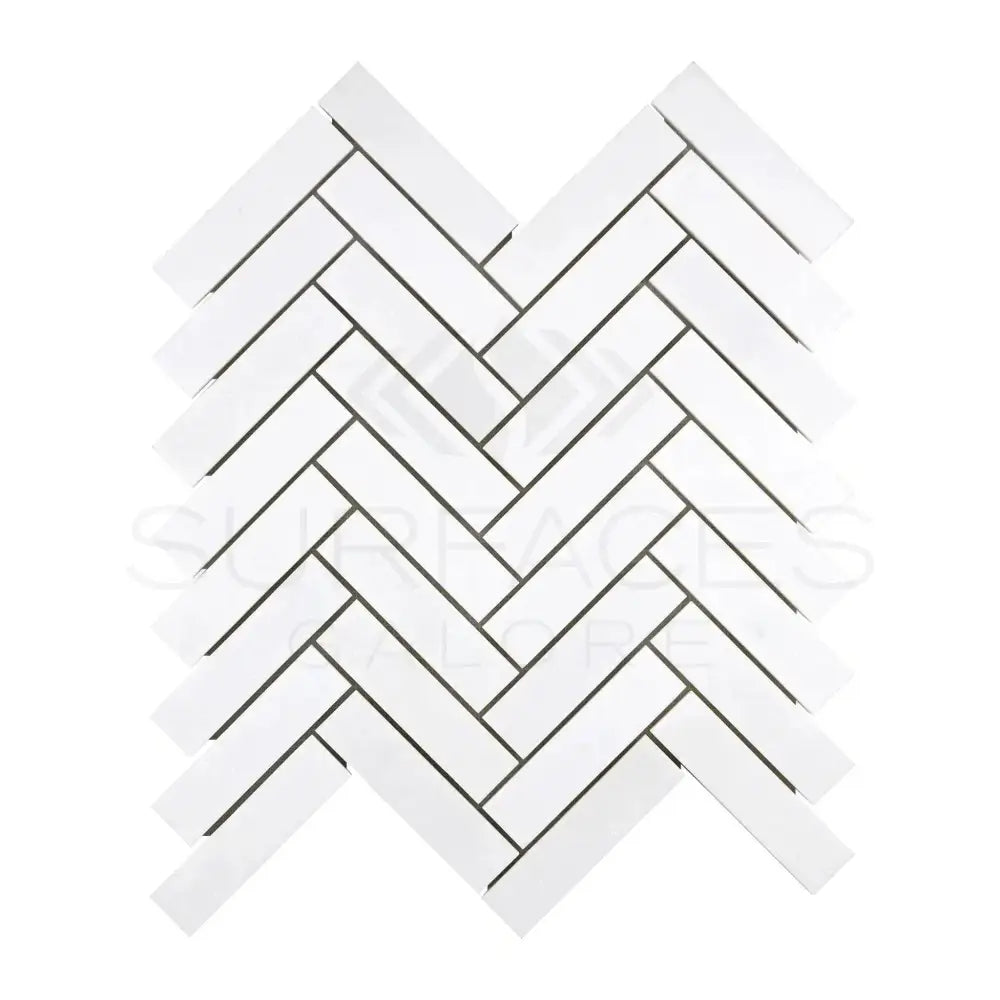 White Herringbone Tile Pattern in Thassos Supreme Marble Mosaic for elegant flooring