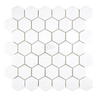 White hexagonal tile mosaic from Thassos Supreme 2 inch marble in polished or honed finish