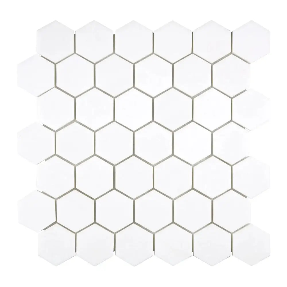 White hexagonal tile mosaic from Thassos Supreme 2-inch hexagon marble collection