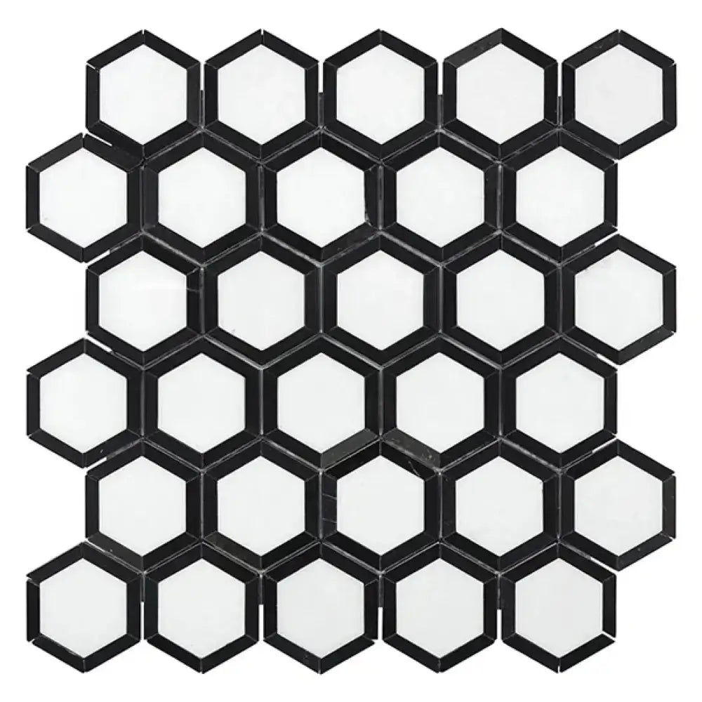 Hexagonal black and white tile mosaic for Thassos Supreme 2 inch Vortex Hexagon marble