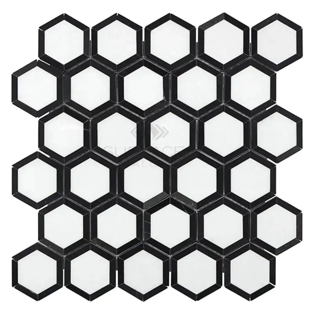 Black and white hexagonal mosaic tile sheet from Thassos Supreme Vortex Marble collection