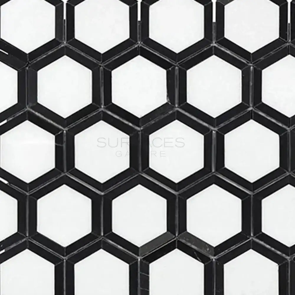 Black and white hexagonal tile pattern from Thassos Supreme Vortex Hexagon Mosaic marble