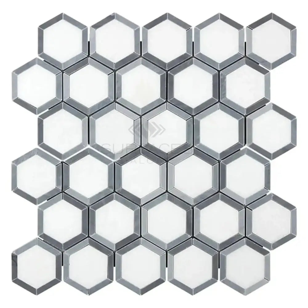 Hexagonal mosaic tile sheet from Thassos Supreme in Blue-Gray polished marble