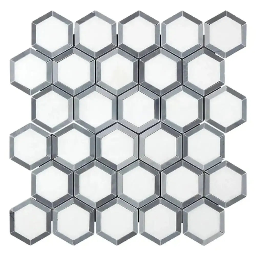 Hexagonal white and gray Thassos Supreme Vortex Mosaic Marble tile display