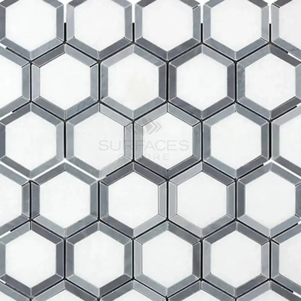 Hexagonal Thassos Supreme 2-inch Vortex Tile with Blue-Gray Marble Finish