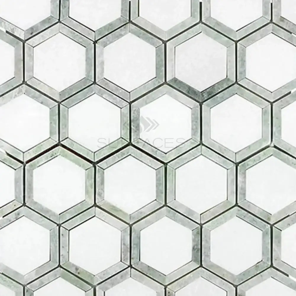Hexagonal mosaic tile pattern with Thassos Supreme 2-inch Vortex Hexagon Marble in Ming-Green