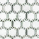 Hexagonal mosaic tile pattern with Thassos Supreme 2-inch Vortex Hexagon Marble in Ming-Green