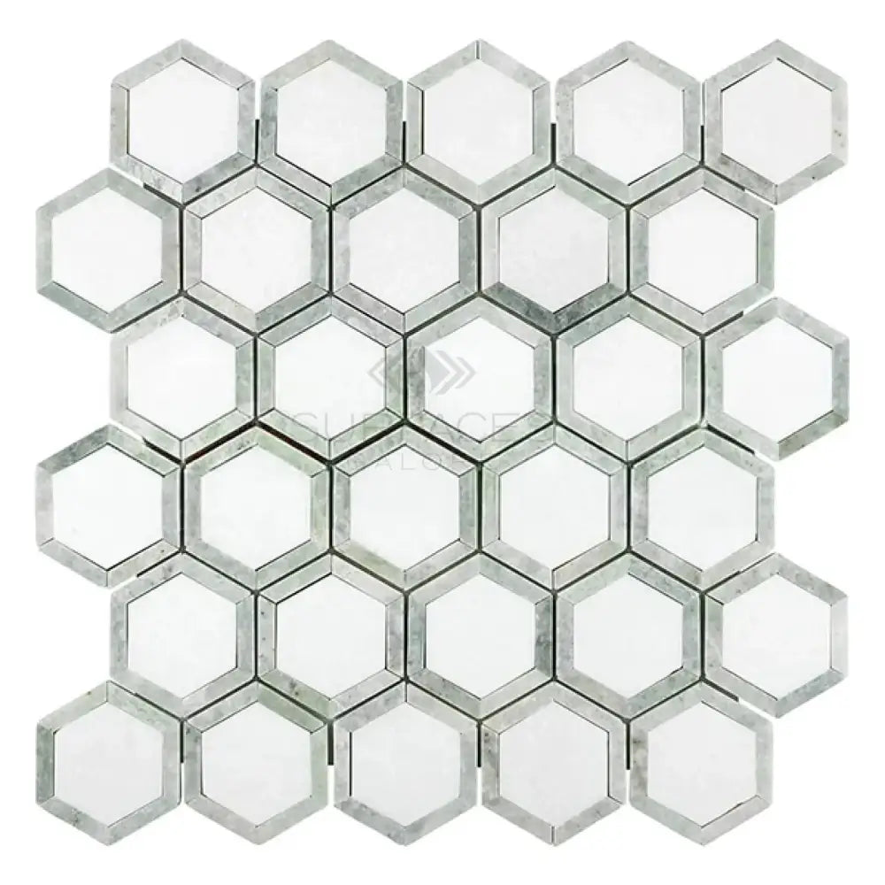 Thassos Supreme 2" Vortex Hexagon (w/ Ming-Green) Mosaic Marble-American Stone